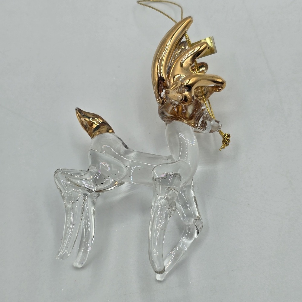 Vintage Spun Glass Reindeer Figure Ornament Painted Gold Accents Deer Prancing